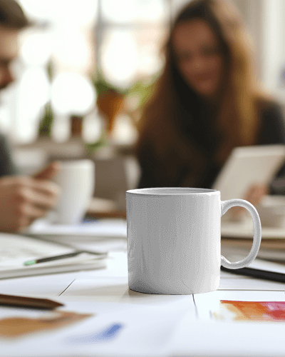 Morning Brew Coffee Mug Mockup On Bright Workshop Table With People In Background