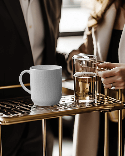 Modern Coffee Break Mug Mockup Coffee Time Slogan On Trendy Table With Woman In Mid Action