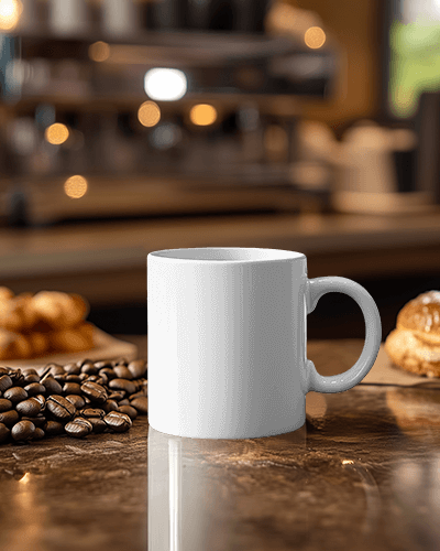 Retro Computer Loading Coffee Mug Mockup With Coffee Beans And Pastries On Wooden Table