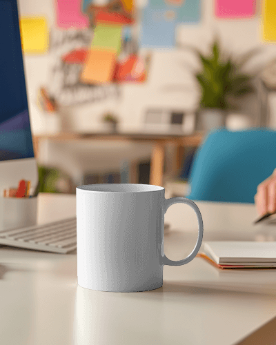 Office Desk But First Coffee Mug Mockup With Laptop And Notebook In Vibrant Workspace