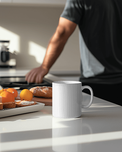 Morning Kitchen Coffee Mug Mockup With Caffeine Motivation On Counter