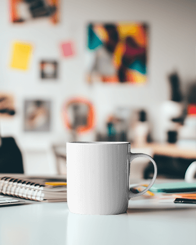 Modern Desk Vibe Mug Mockup Sip Happens With Coffee Art Under Soft Lighting