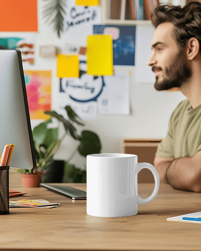 Brain Inspired Coffee Mug Mockup On Wooden Desk With Laptop And Plant In A Bright Creative Office Space