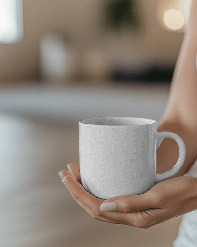 Handheld Orange Coffee Mug Mockup With Perk Grind Design In A Bright Natural Lighting Ambiance