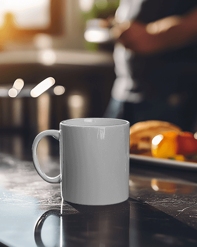 Purple Mug Mockup With One More Cup Coffee Art On Reflective Table Top In A Casual Cafe