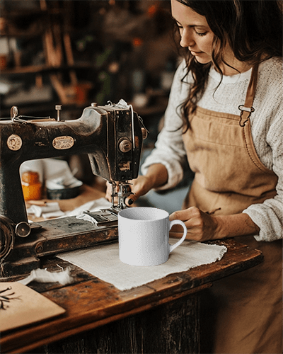 Craft Room Ambiance Mug Mockup Featuring Latte Before Logic Coffee Cup With Woman Sewing