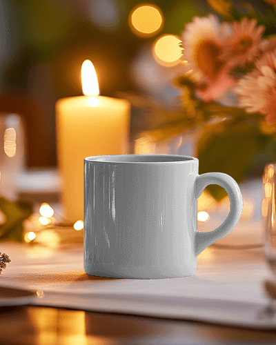 Warm Lit Latte Hustle Mug Mockup With Candle And Flowers In An Intimate Evening Setting