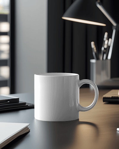 Creative Space No Bad Days Mug Mockup On Dark Background With Pen Holder And Notebook