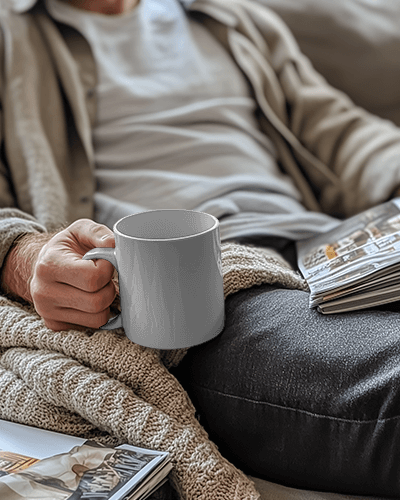 Cozy Living Room Coffee Buffer Mug Mockup With Person Holding On Couch