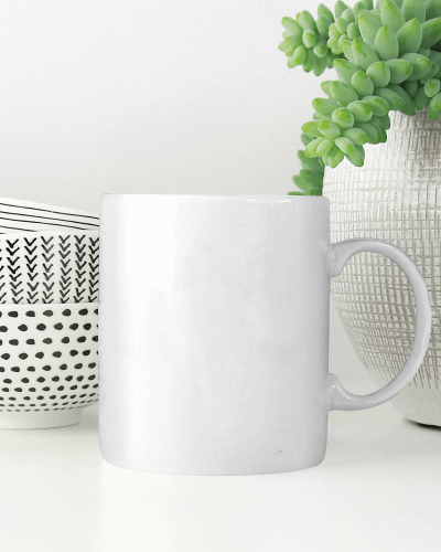 Bright White Mug Mockup With Green Plant And Patterned Vase