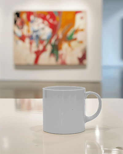 Artistic White Mug Mockup In Gallery With Abstract Background