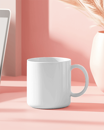 Aesthetic White Mug Mockup On Pink Desk With Modern Accessories