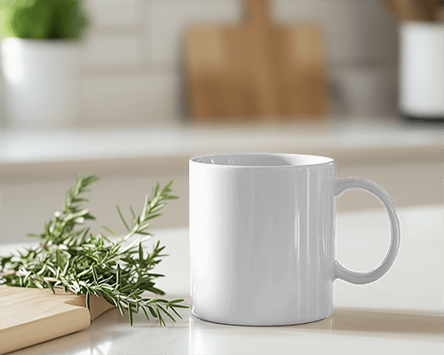 Fresh White Mug Mockup On Kitchen Counter With Wood And Herb Decor