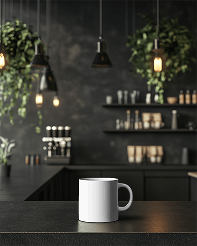 Minimal White Mug Mockup On Wooden Bar With Cafe Interior
