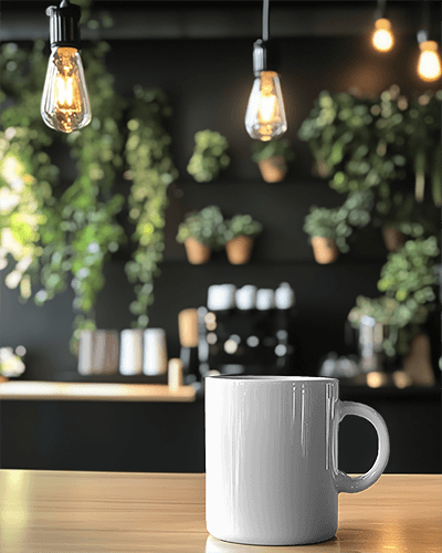 Cozy White Mug Mockup In Modern Cafe With Hanging Lights And Plants