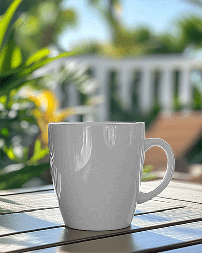 Outdoor White Mug Mockup On Patio Table With Green Background
