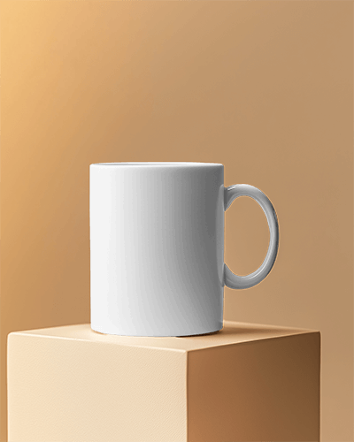 Elevated Mug Mockup On Geometric Podium Against Warm Beige Background Modern And Aesthetic