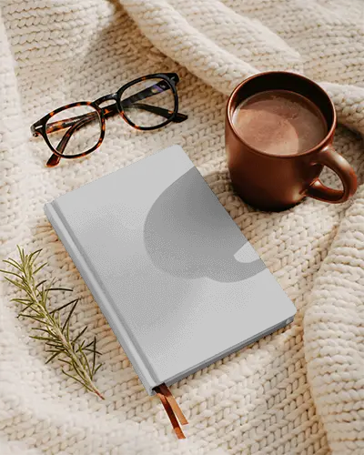Cozy Winter Notebook Mockup With Warm Drink Glasses And Soft Knitted Blanket