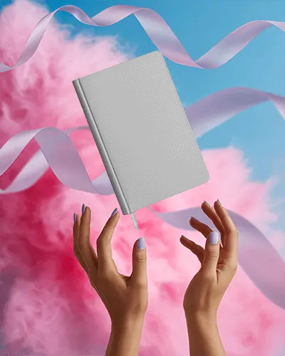 Floating Notebook Mockup With Soft Pink Clouds And Ribbon Details In Pastel Scene