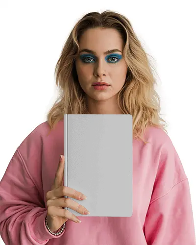 Modern Notebook Mockup Held By Model In Pink Sweatshirt With Clean Minimal Background