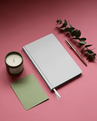 Minimalist Notebook Mockup With Candle Pen And Eucalyptus On Soft Pink Background