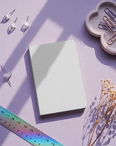 Pastel Desk Notebook Mockup With Shadow Play And Cute Stationery Elements