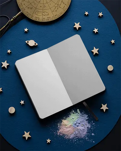 Cosmic Desk Open Notebook Mockup With Stars And Astrology Elements On Deep Blue