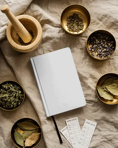 Herbal Apothecary Notebook Mockup With Dried Leaves And Mortar On Neutral Linen