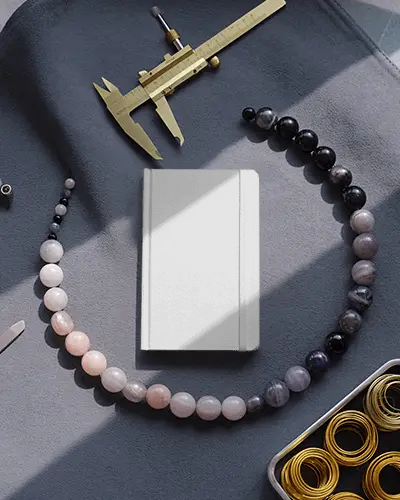 Artisan Beading Notebook Mockup With Measuring Tool And Gemstone Beads