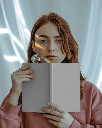 Artistic Notebook Mockup Held By Model With Rainbow Reflection And Geometric Crystal