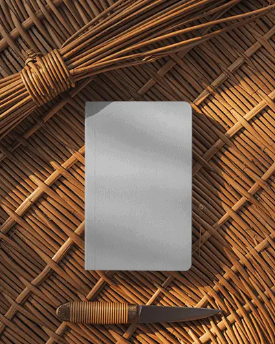 Rustic Wicker Notebook Mockup With Handcrafted Basket Texture And Wooden Knife