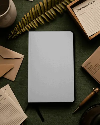 Botanical Desk Notebook Mockup With Specimen Cards And Natural Fern Leaf