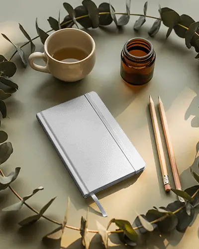 Calm Eucalyptus Notebook Mockup With Tea Cup Pencils And Soft Natural Light