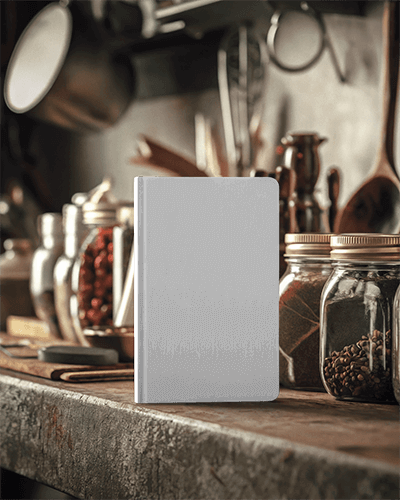 Rustic Kitchen Notebook Mockup With Spice Jars And Warm Vintage Ambience 015