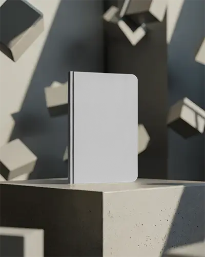 Minimalist Notebook Mockup With Floating Cubes And Modern Geometric Background For Design