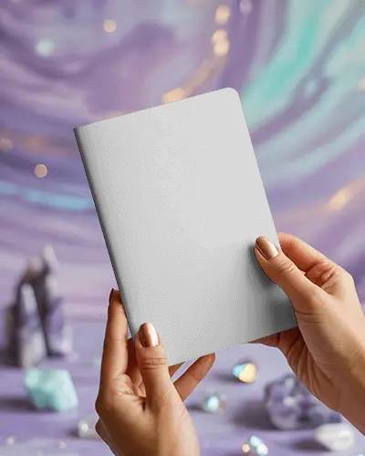 Hands Holding Softcover Notebook Mockup With Crystal Backdrop And Dreamy Purple Background