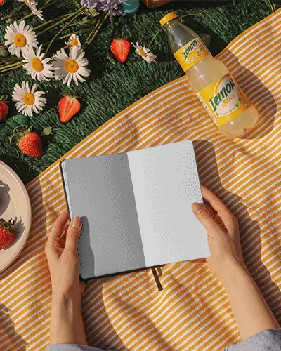 Open Notebook Mockup In Hands On Sunny Picnic Blanket With Flowers And Fresh Summer Vibes