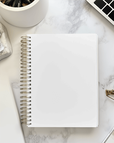Minimalist Desk Notebook Mockup On Marble Surface With Modern Office Supplies Clean Aesthetic