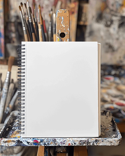 Artistic Painting Studio Notebook Mockup Placed On Colorful Palette Background Creative Vibes