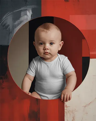 Adorable Baby Onesie Mockup In Isolated Round Frame For Kids Apparel Showcase