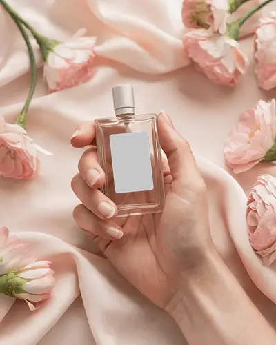 Elegant Hand Holding Perfume Mockup Amid Soft Pink Flowers On Satin Backdrop Romantic Aura