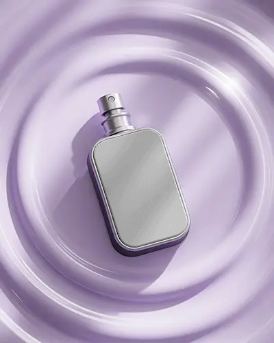 Elegant Perfume Bottle Mockup On Luxury Lavender Ripple Surface Perfect For High End Fragrance Branding