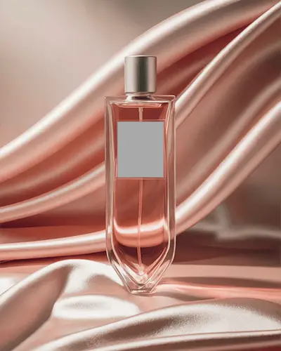 Premium Scent Bottle On Luxurious Silk Fabric Background