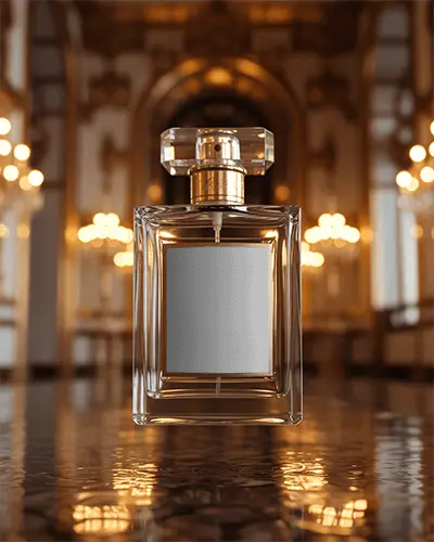 Luxury Perfume Bottle Mockup Glass Design In Opulent Golden Palace Hall Luxury Display Scene