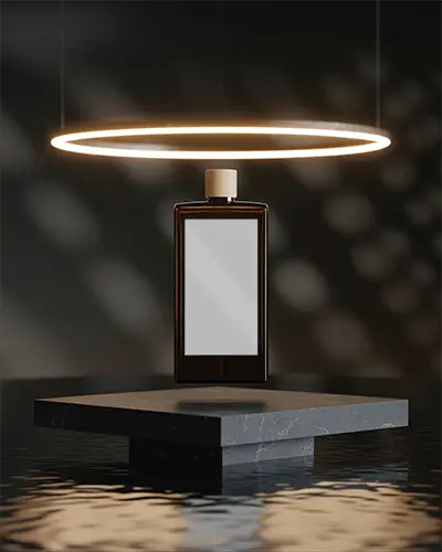 Luxury Perfume Bottle Mockup Under Glowing Halo Light On Stone Platform Modern Futuristic Scene