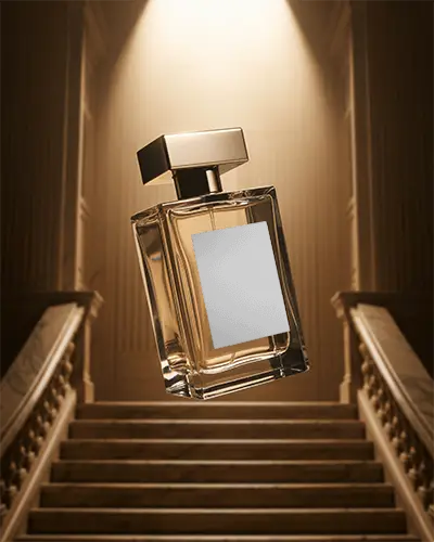 Luxury Perfume Bottle Mockup Floating Above Grand Marble Staircase With Dramatic Lighting Scene