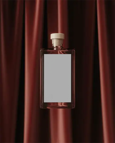 Luxury Perfume Bottle Mockup Floating Against Deep Red Curtains Studio Luxury Display Shot