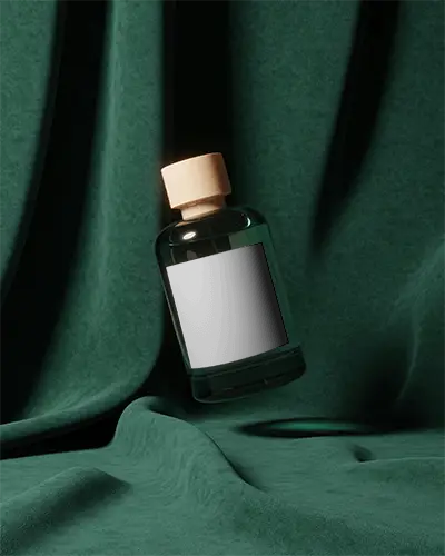 Luxury Perfume Bottle Mockup Floating On Rich Green Fabric With Golden Cap Premium Studio Scene