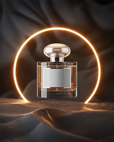 Luxury Perfume Bottle Mockup Round Glass Design Inside Glowing Light Ring On Dark Fabric Display