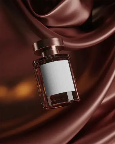 Luxury Perfume Bottle Mockup Round Glass Design Floating On Rich Burgundy Satin Premium Display